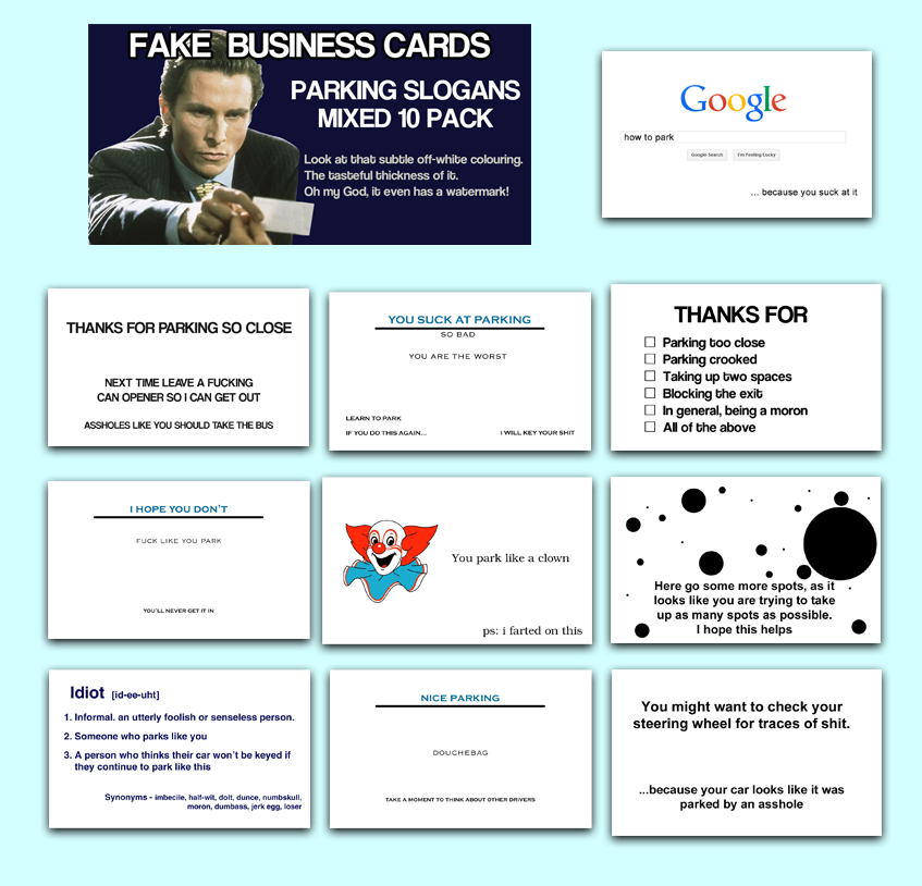 You Suck At Parking Slogans Mixed 10 Pack Fake Business Cards